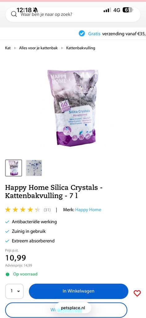 Kattenbak vulling silica crystal twee zakken, Ophalen, Nieuw