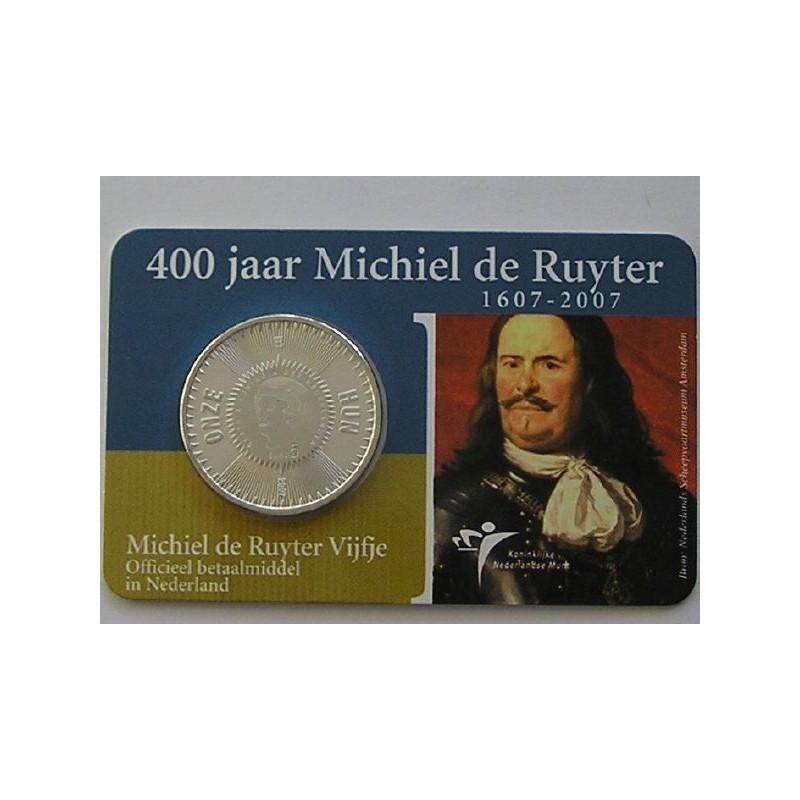 5 euro, 400 jaar Michiel de Ruyter Coincard, Koningin Beatrix, Zilver, Euro's, Ophalen of Verzenden