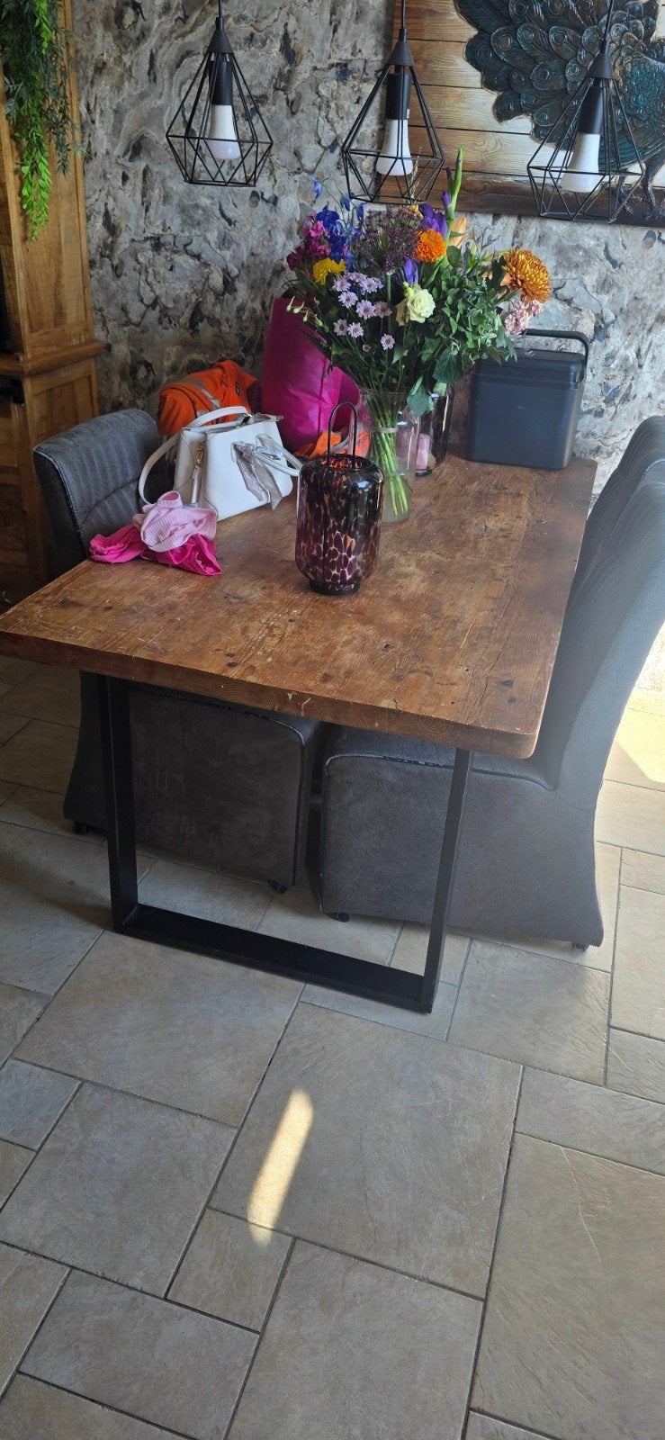 Industriële eettafel 160 cm met warme hout-/mangohoutlook, Ophalen