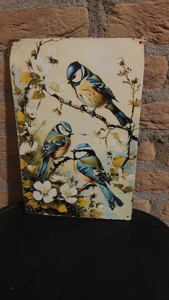 Vintage metalen wanddecoratie met vogels - 20x30cm, Ophalen of Verzenden