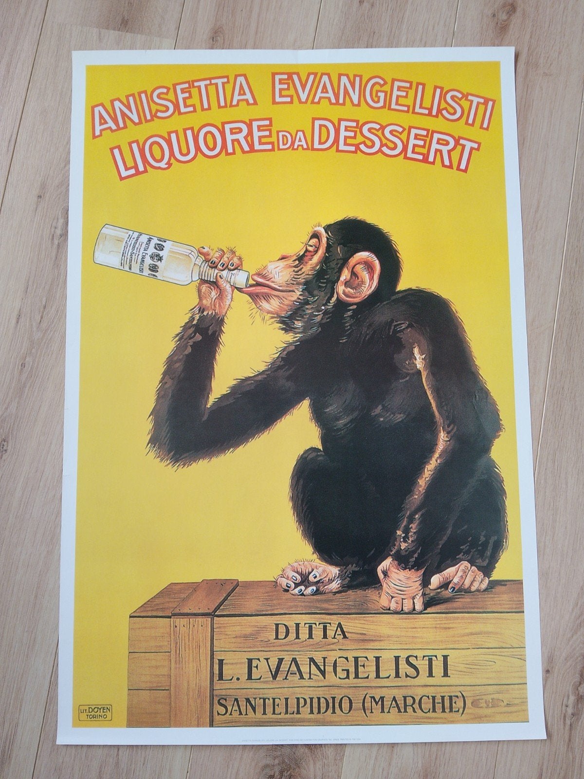 Vintage Anisetta Evangelisti Affiche - Aap met fles, Rechthoekig Staand, Ophalen of Verzenden, Zo goed als nieuw, A1 t/m A3