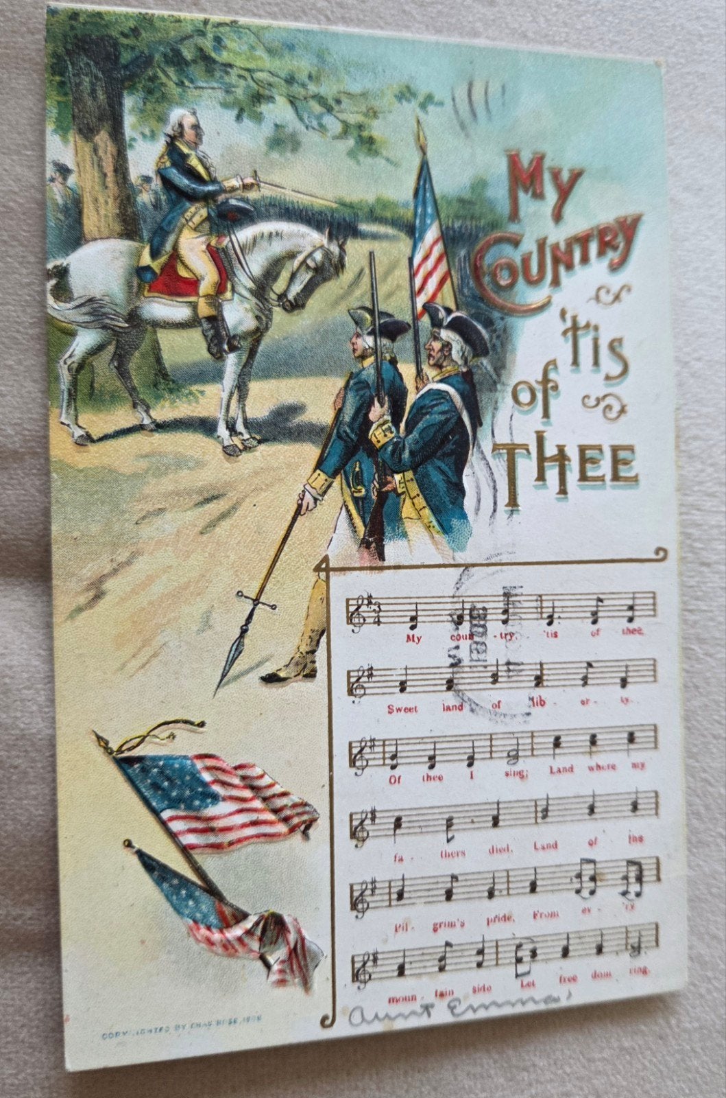 Antieke Ansichtkaart 'My Country 'tis of Thee' (1908), Verzamelen, Verzenden, Voor 1920, Gelopen, Buiten Europa