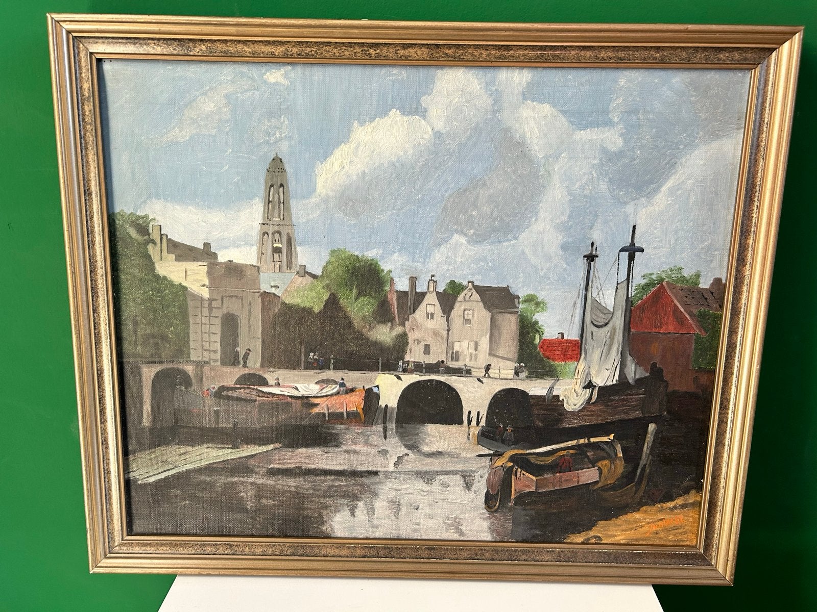 Olieverfschilderij: Stadsgezicht met brug en boten, Doek, Realistisch, Ophalen of Verzenden, Gesigneerd