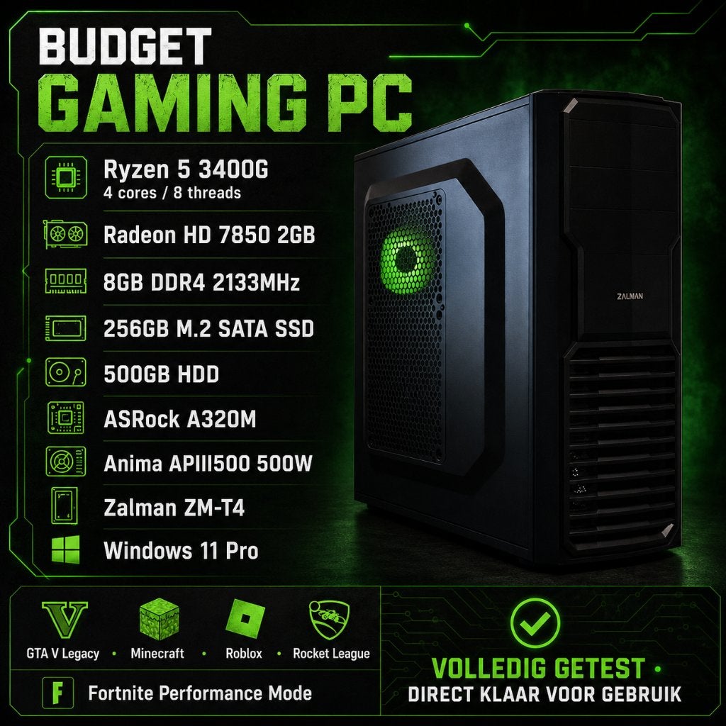 Budget Gaming PC | Ryzen 5 3400G | HD 7850 | 8GB | NVME SSD, Gebruikt, Gaming, HDD, Met videokaart