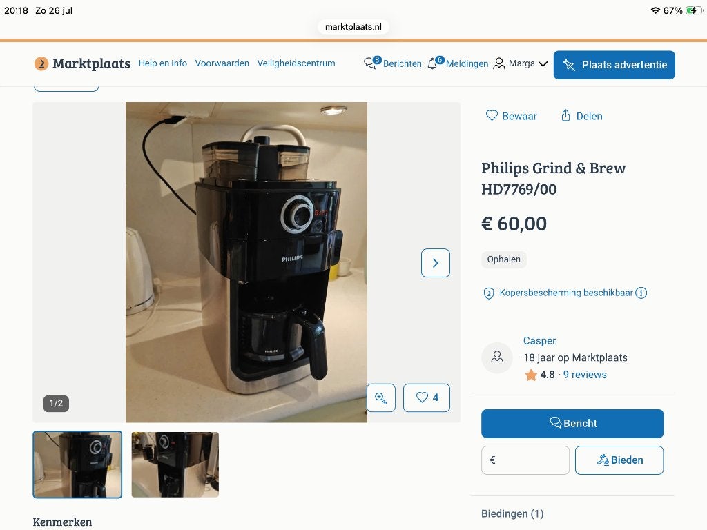 Glazen kan voor koffie machine Grind & Brew, Ophalen, Gebruikt, Philips