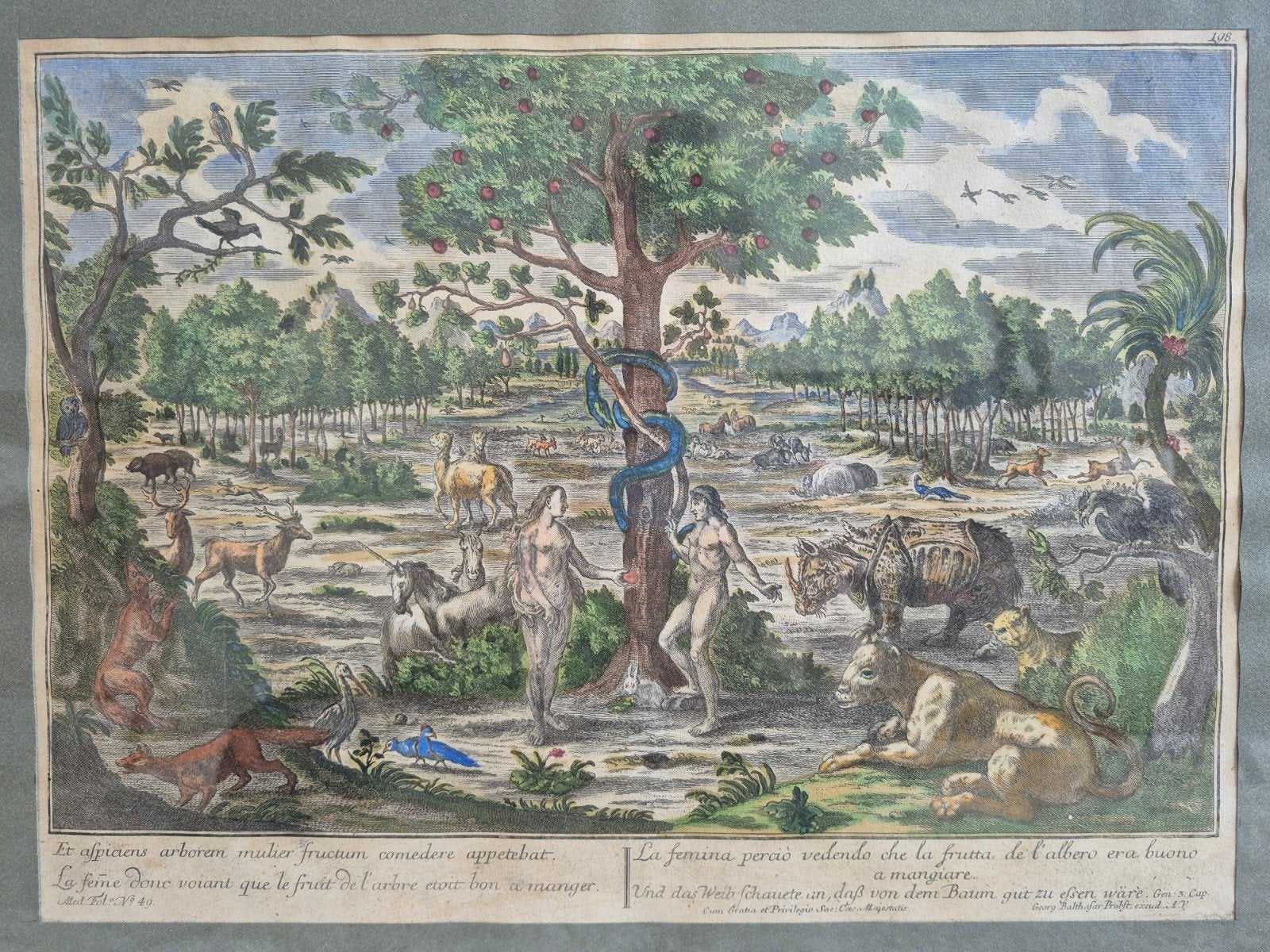 18e eeuwse gravure bijbel Adam en Eva hemels paradijs, Ophalen of Verzenden