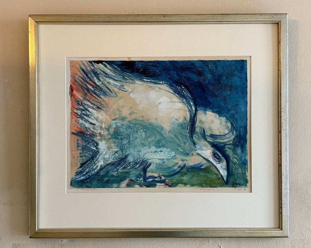 Prachtig gesigneerd schilderij T. Beerendonk "Vuurvogel", Antiek en Kunst, Ophalen of Verzenden, Papier/karton, Gemengde techniek