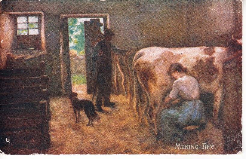 KUNST: Schots volksleven. H.J. Dobson. Milking Time. 30-04, Ophalen of Verzenden, 1920 tot 1940, Gelopen, Overige thema's