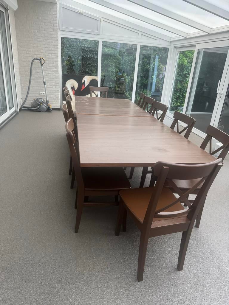 Uitklapbare eettafel met 12 stoelen - opknapper, Huis en Inrichting, Tafels | Eettafels, Ophalen, Gebruikt, 100 tot 150 cm, 200 cm of meer