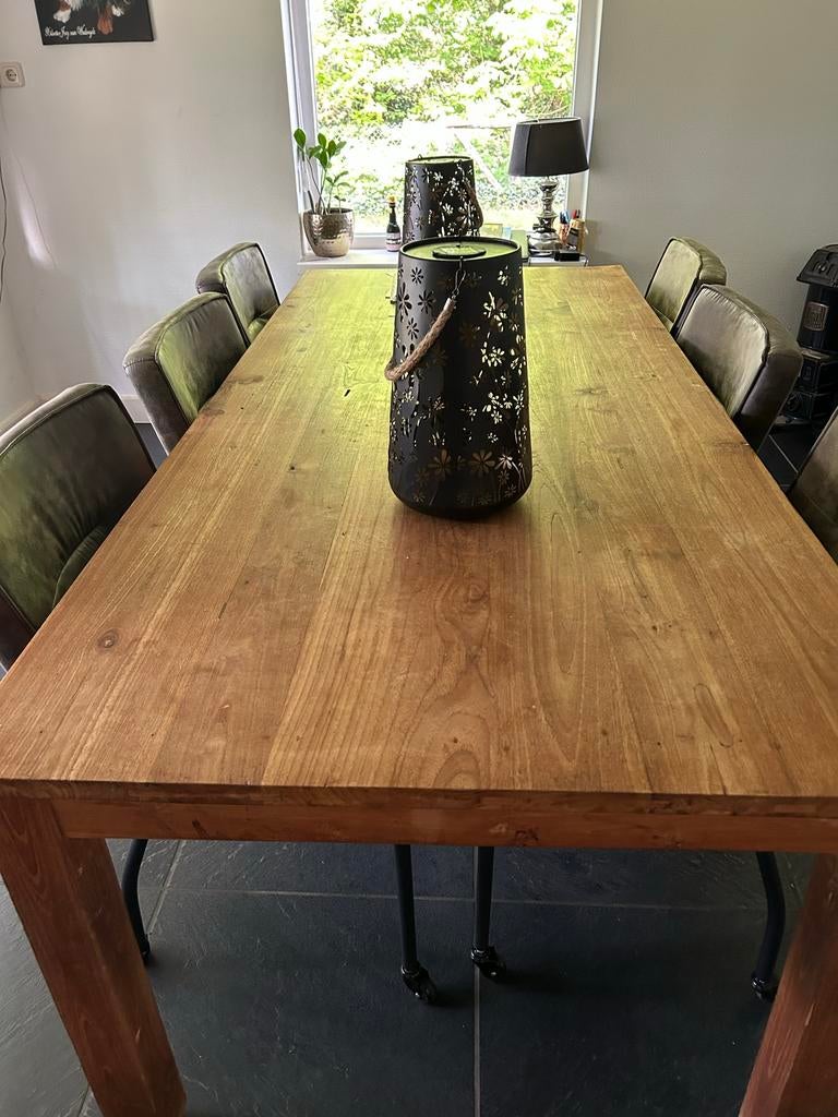 Teak houten eettafel 220 x 100 cm, Gebruikt, 100 tot 150 cm, Teakhout, 200 cm of meer
