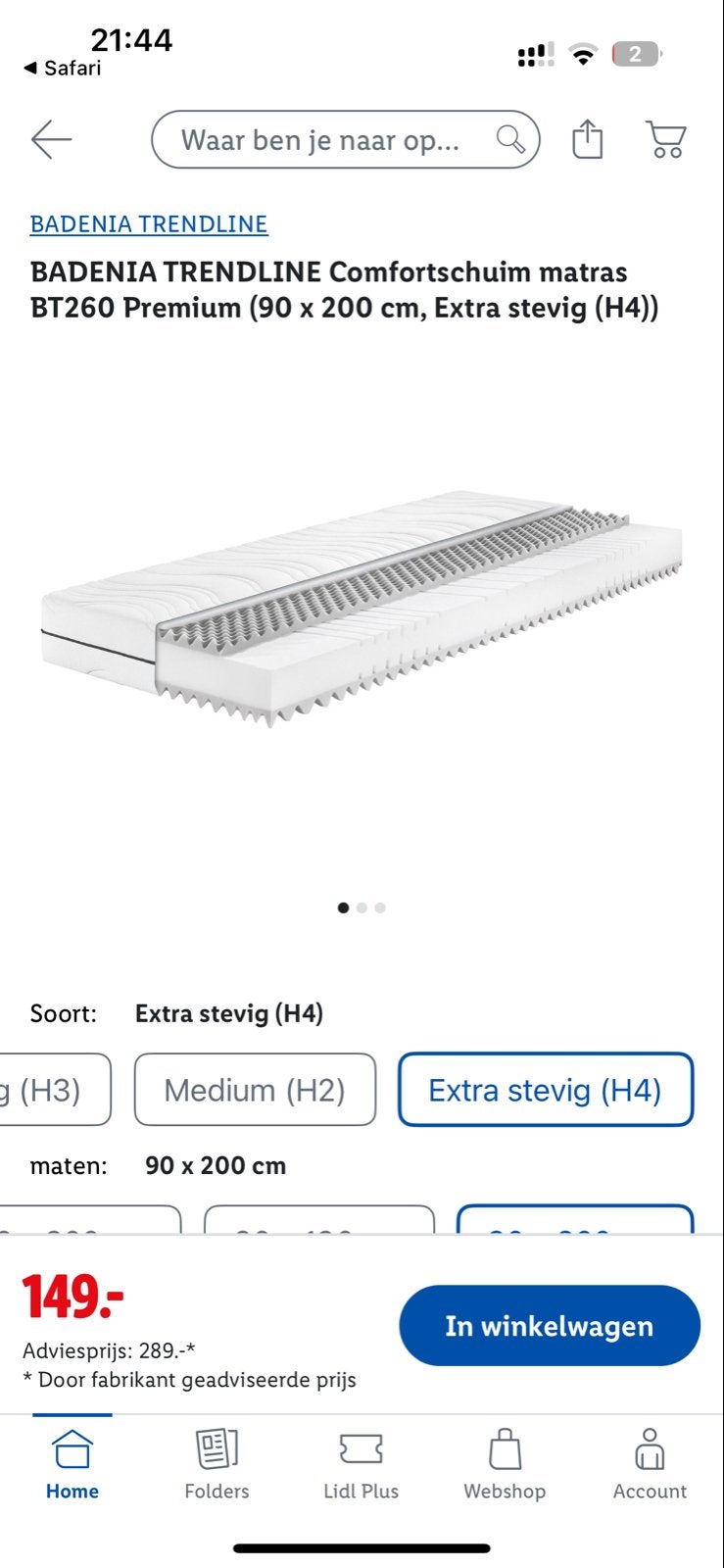 Trendline Matras BT 260 H4 Extra Hard (Lidl), Ophalen, 90 cm, Eenpersoons, Nieuw