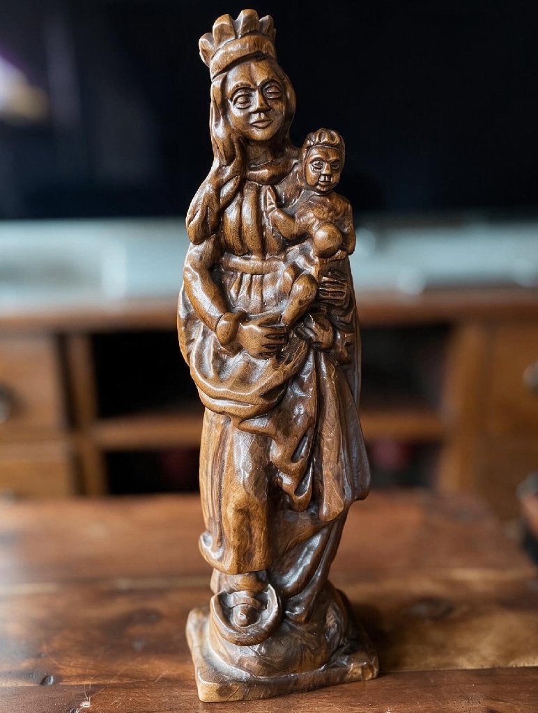 Houten beeld Madonna met kind – Duitsland – 41 cm, Ophalen, Houtsnijwerk, Handgemaakt, 20 - 50 cm