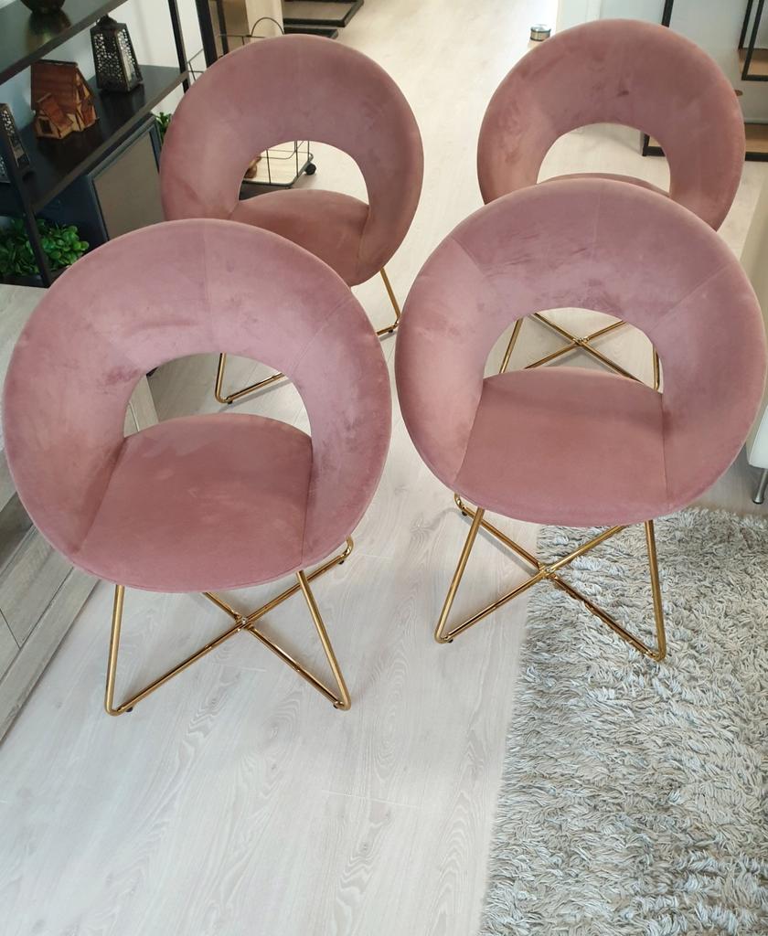 Velvet roze stoellen set van 4, Huis en Inrichting, Stoelen, Ophalen, Overige kleuren, Zo goed als nieuw, Vier