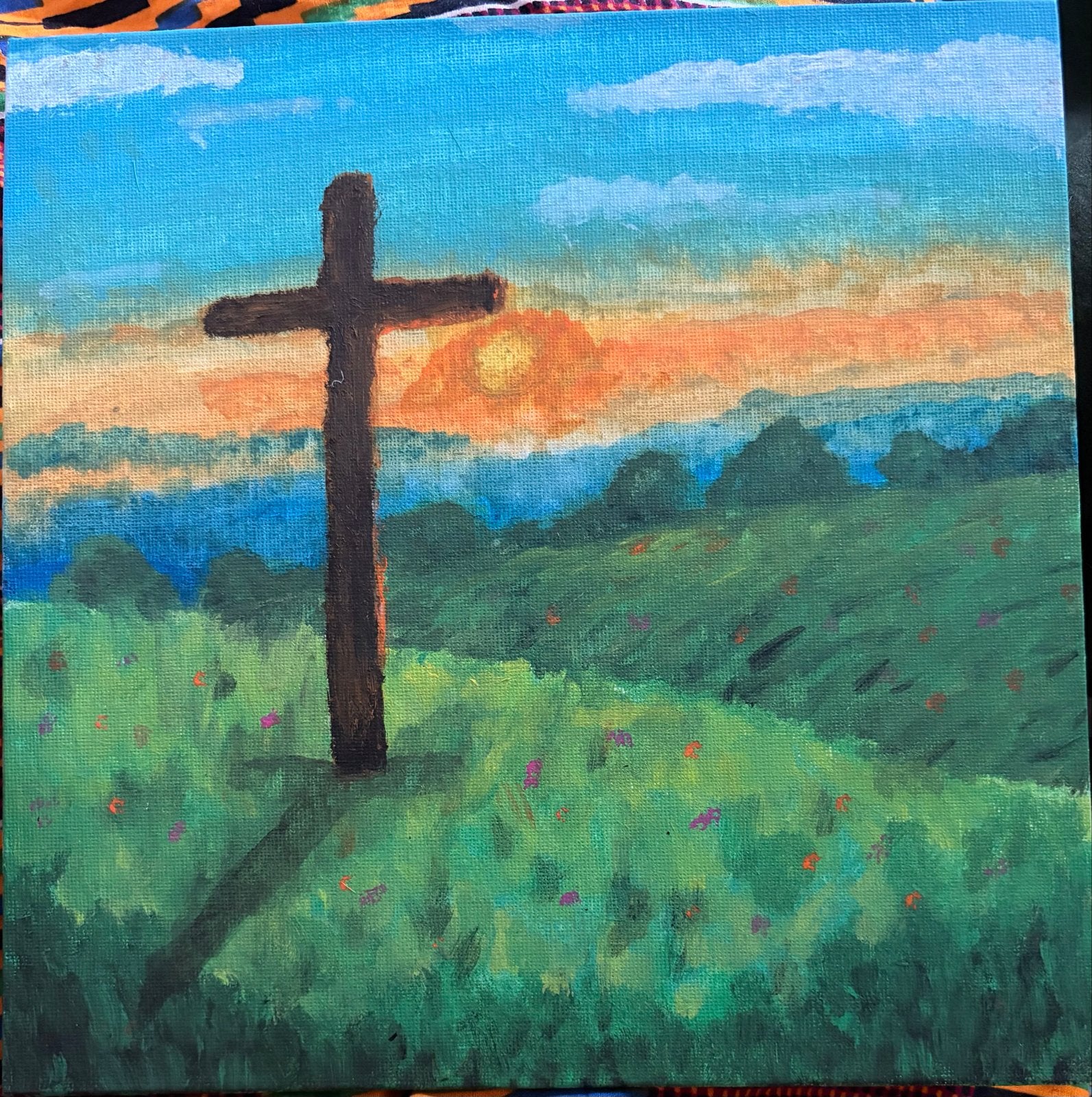 Schilderij: Kruis bij zonsondergang, 25x25 cm, Ophalen, Acrylverf, Doek, Realistisch