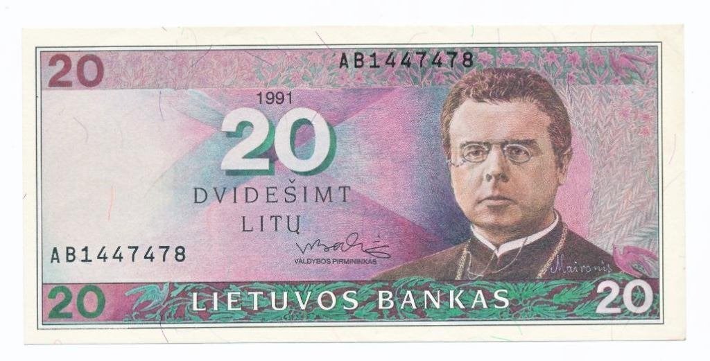 Litouwen 20 Litas 1991, Ophalen of Verzenden, Overige landen, Los biljet
