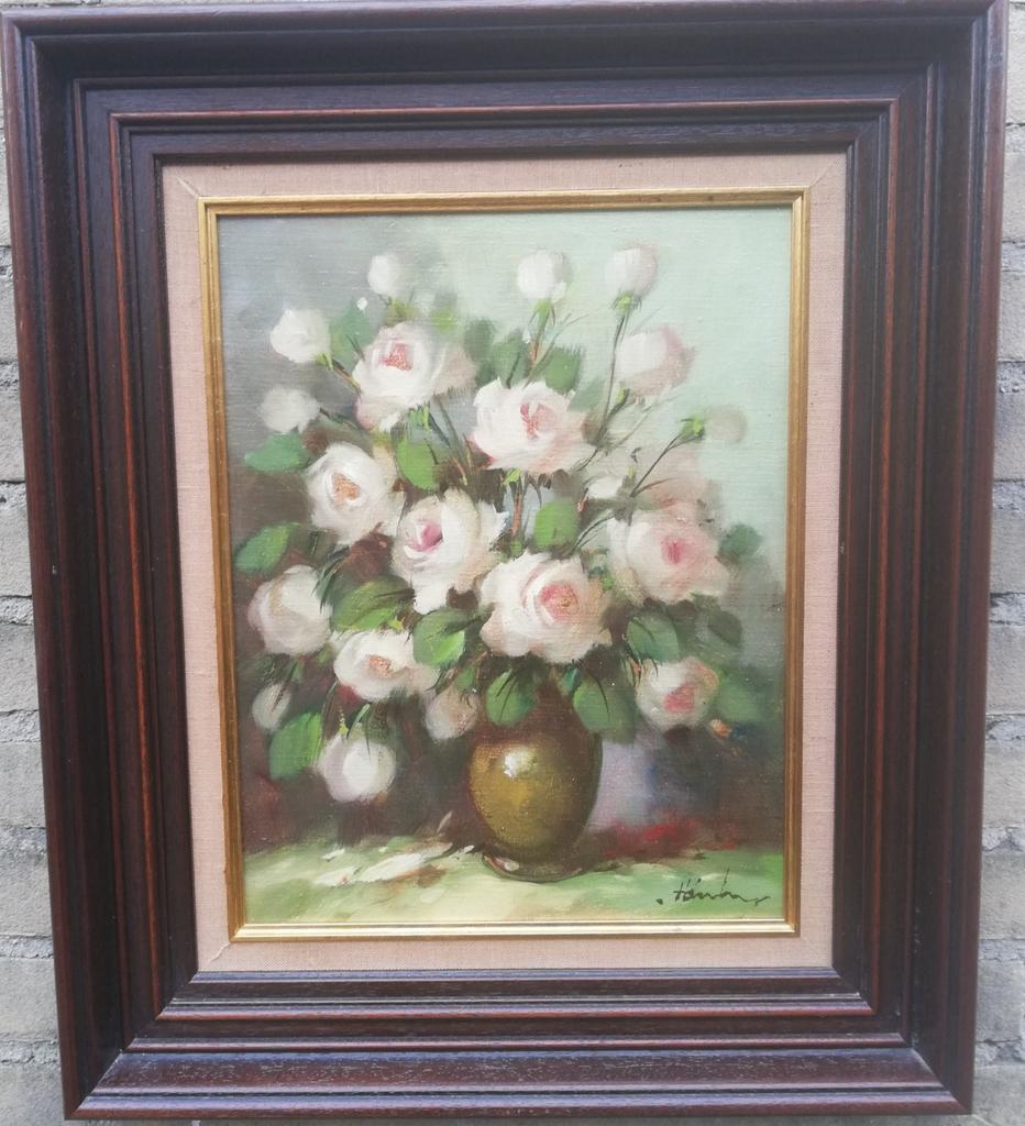 Stilleven. Rozen in vaas. Olie/paneel. Ca '70. 49/59 cm., Antiek en Kunst, Ophalen