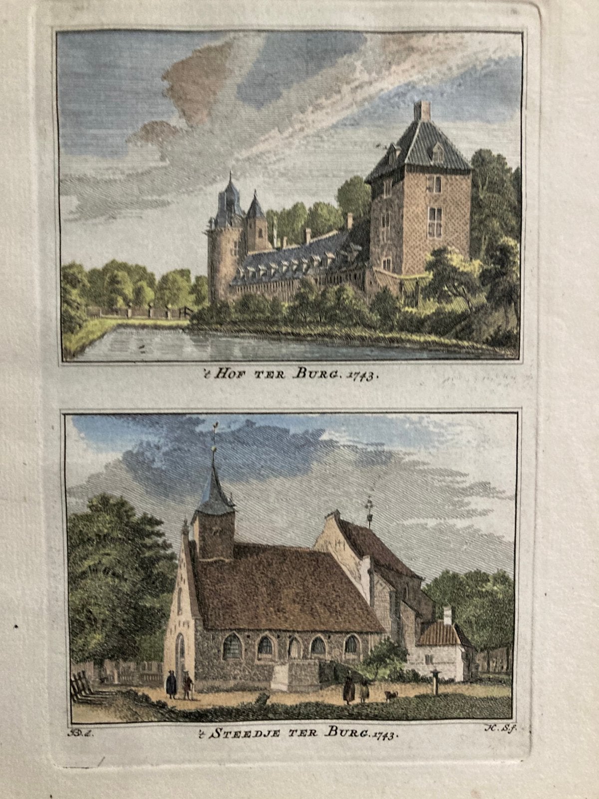 't Hof Ter Burg /'t Steedje Ter Burg 1743, H.Spilman, kleur!, Stadsgezicht, 19 cm, Ophalen of Verzenden, Gravure