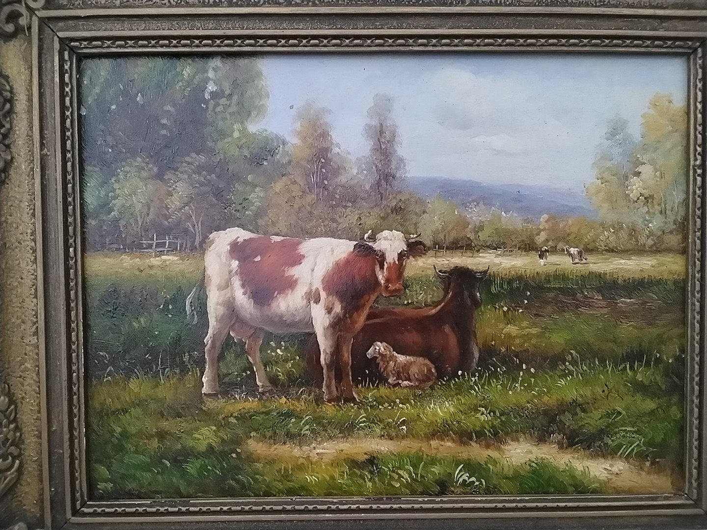 Olieverfschilderij koeien in landschap 53x43 cm, Paneel, Ingelijst, Realistisch, Dieren