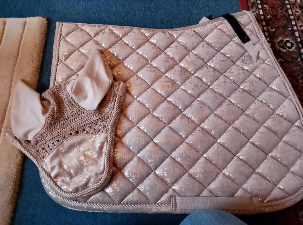 Setje dekje en oornetje. Beige met goud., Dressuurdekje, Zo goed als nieuw, Beige, Full (L)
