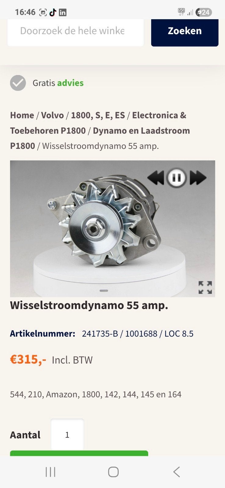 Dynamo Volvo Amazon 55 Ampère Wisselstroom, Ophalen of Verzenden, Nieuw, Volvo