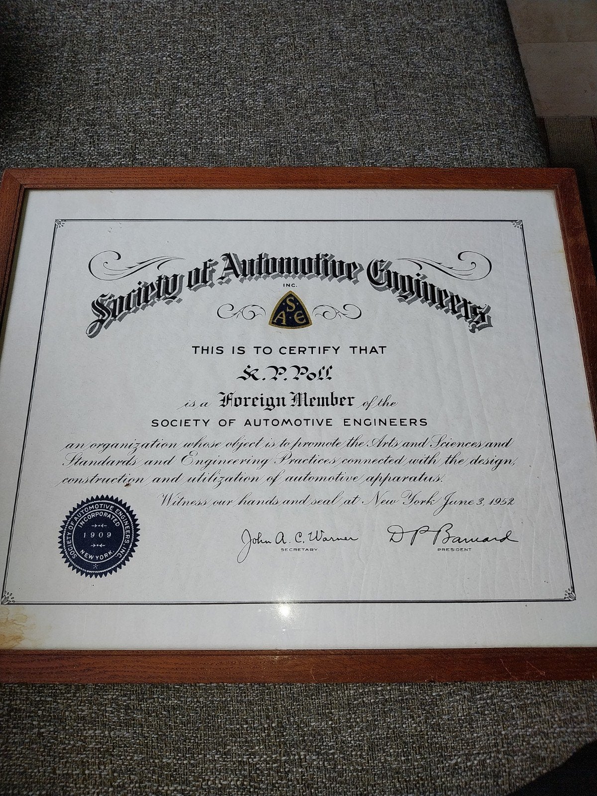 Oude Society of Automotive Engineers certificaat, Ophalen of Verzenden, Gebruikt, Auto's