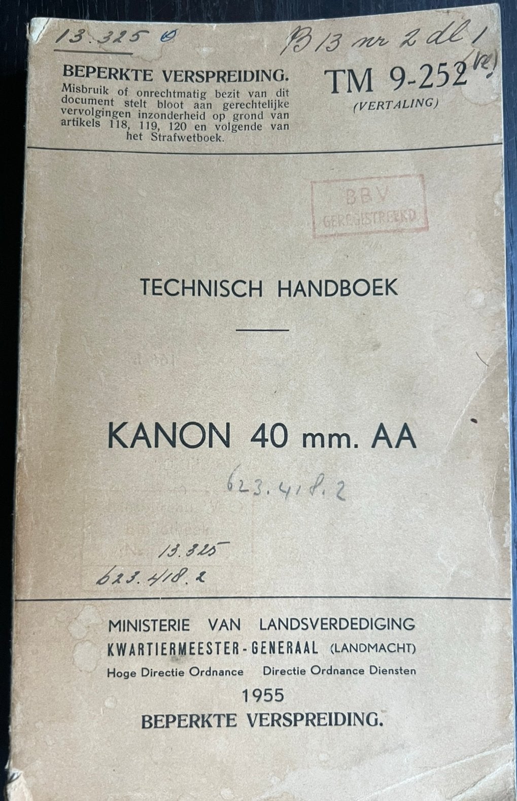 Uitgave 1955 technisch handboek Kanon 40mm AA (TM-9-252), Verzamelen, Ophalen of Verzenden, Landmacht, Amerika, Boek of Tijdschrift