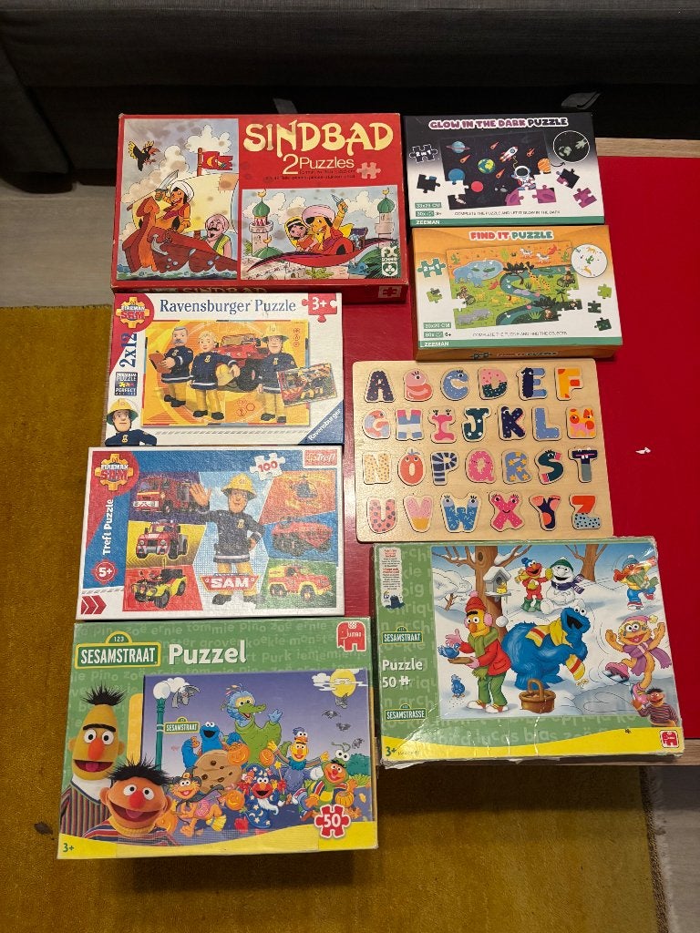 Verzameling partij puzzels Sam sesamstraat 12 30 50 80 100, Ophalen of Verzenden, 10 tot 50 stukjes, Van hout