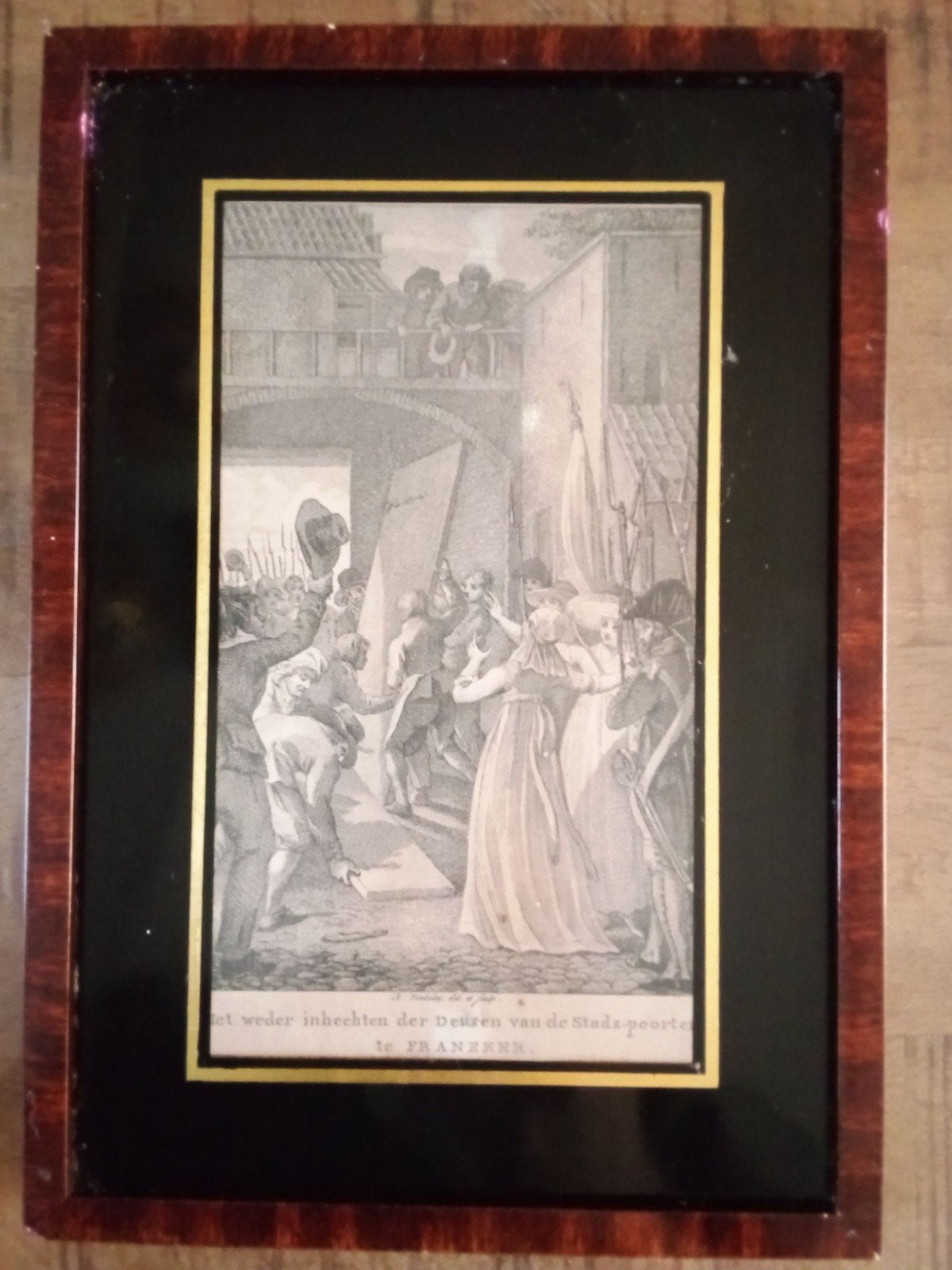 Historische tekening Franeker: Het weder inhechten der Deu, Ophalen of Verzenden