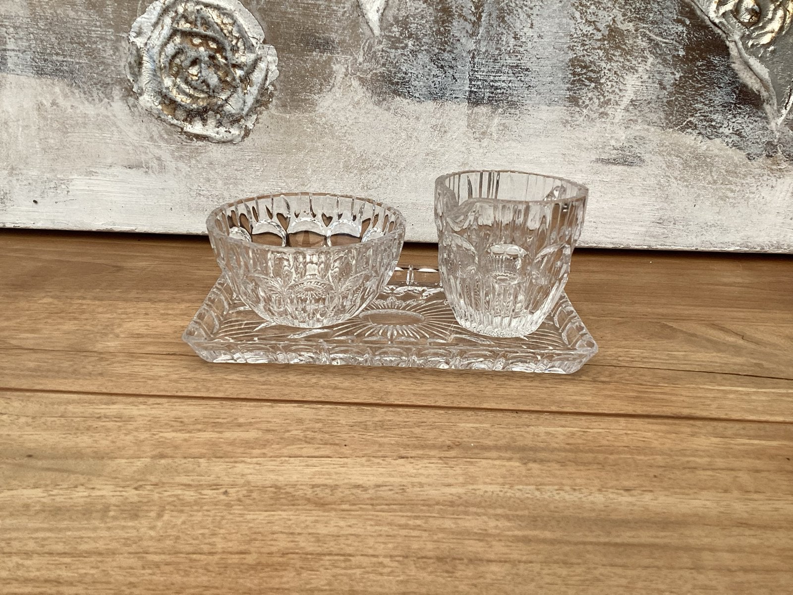 Vintage glazen suiker- en melksetje op plateautje, Antiek en Kunst, Ophalen of Verzenden