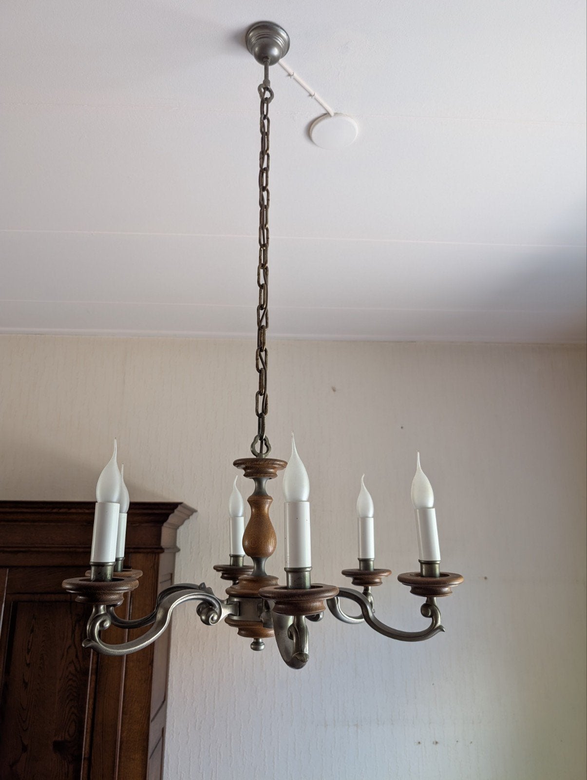 Oude houten kroonluchter / hanglamp met 6 armen, Ophalen, Gebruikt, E14 (klein), Klassiek, Landelijk, Vintage