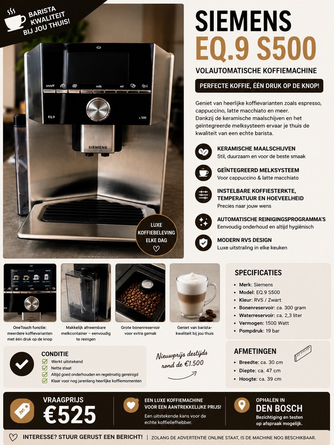 Siemens EQ.9 S500 Volautomatische Koffiemachine – Topstaat!, Ophalen, Zo goed als nieuw, Siemens, Siemens