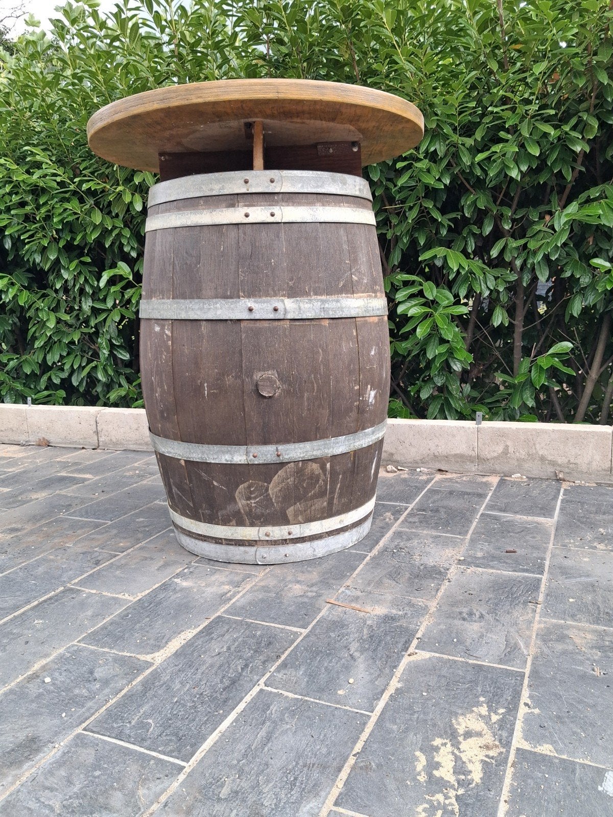 Houten statafel van wijnvat - Uniek en sfeervol, Tuin en Terras, Ophalen, Gebruikt, Rond, Hout