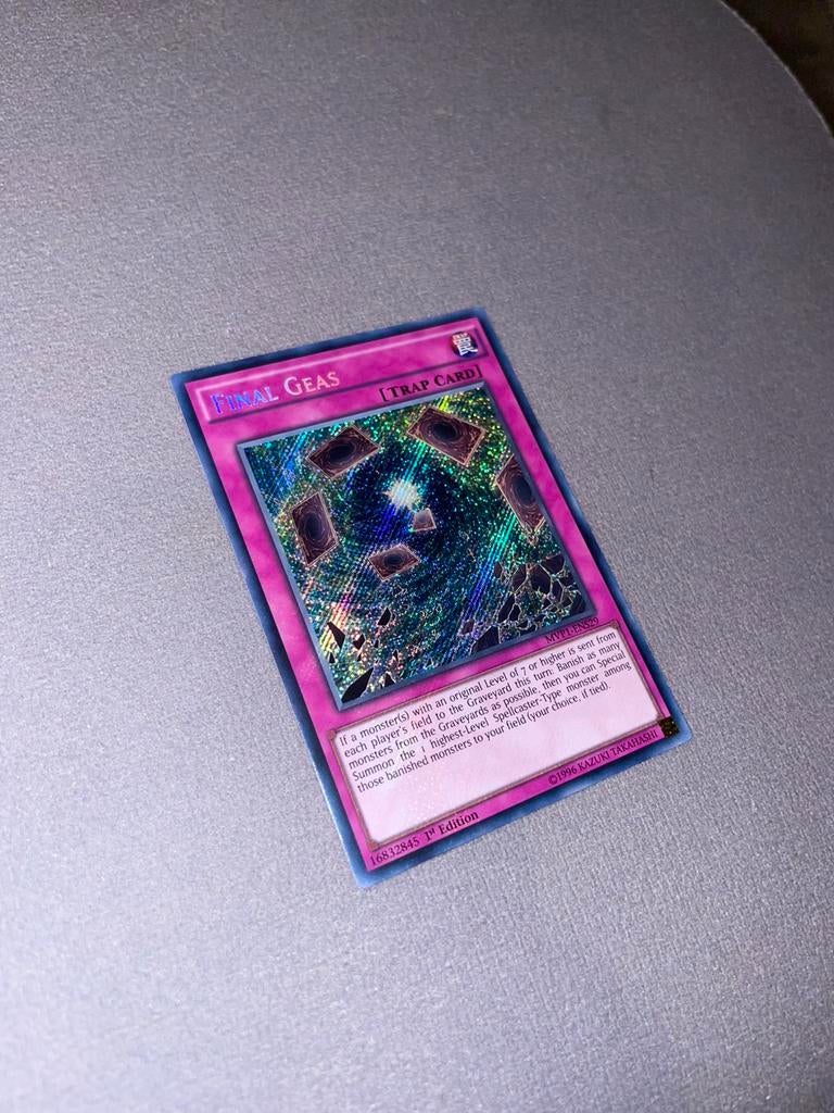 Yu-Gi-Oh! Final Geas 1st ed secret rare mint, Ophalen of Verzenden, Nieuw, Losse kaart, Foil