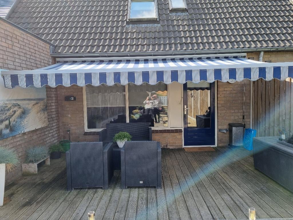 Knikarmscherm 5m breed x 3m uitval – Zeer goede staat!, Ophalen, Gebruikt, 450 cm of meer, Knikarmscherm