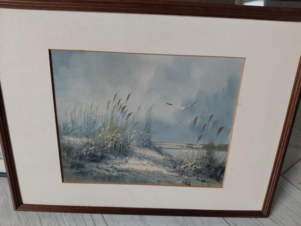 Schilderij met duinlandschap en meeuwen, Antiek en Kunst, Kunst | Schilderijen | Klassiek, Ophalen