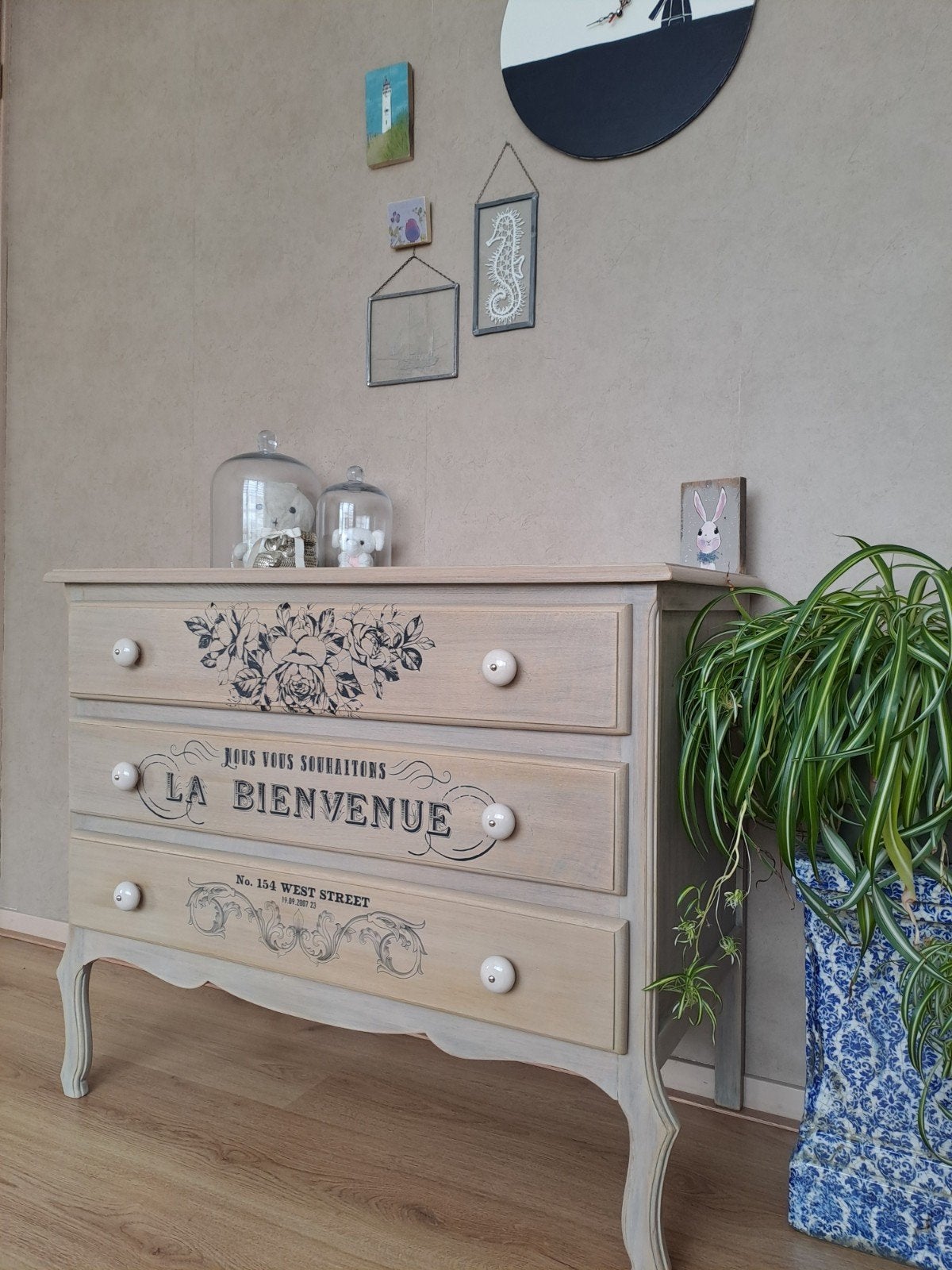 Blank houten ladekast met print, Eikenhout, 3 of 4 laden, Minder dan 100 cm, 25 tot 50 cm