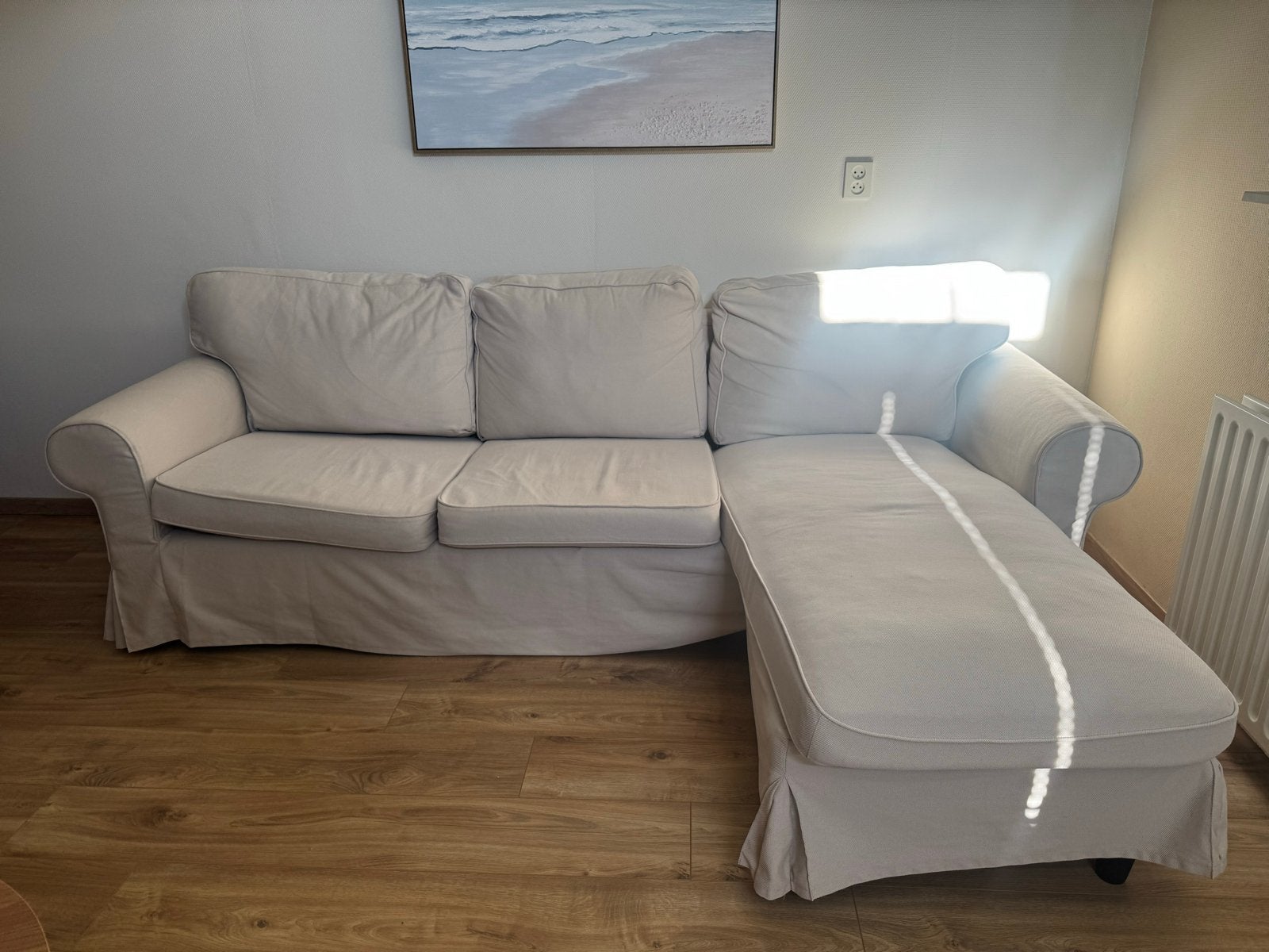IKEA EKTORP 3-zits met Longchair / beige, Ophalen, 250 tot 300 cm, Gebruikt, Hoekbank