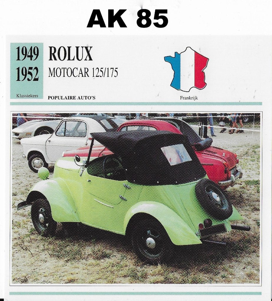AK85 autokaart rolux motocar 125/175 ( 1949 - 1952 ), Ophalen of Verzenden, Zo goed als nieuw, Auto's