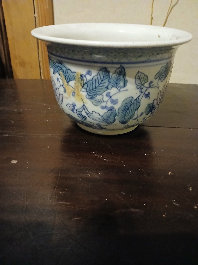 Antieke Chinese Bloempot met Blauwe Decoratie,H10xD15, Gebruikt, Rond, Binnen, Ophalen of Verzenden