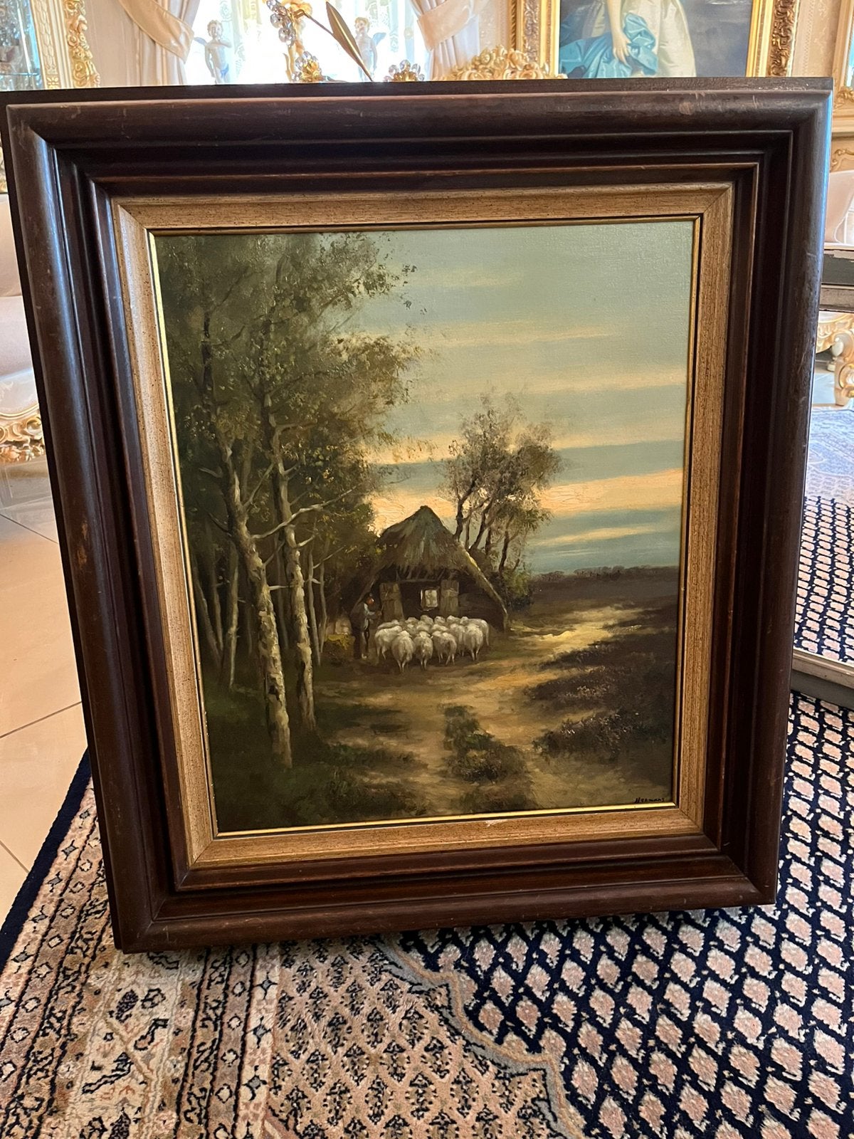 Antiek groot olieverf herder met schapen schilderij, Antiek en Kunst, Ophalen