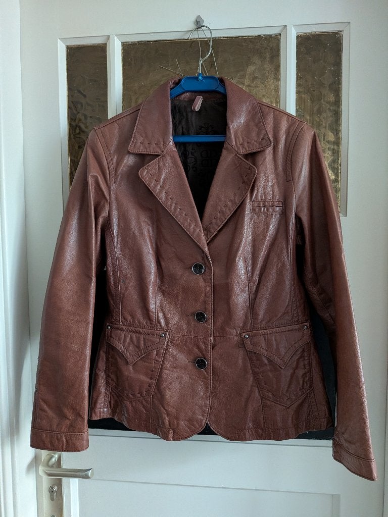 bruine leren dames jas, Ophalen of Verzenden, Gedragen, Maat 42/44 (L), Bruin