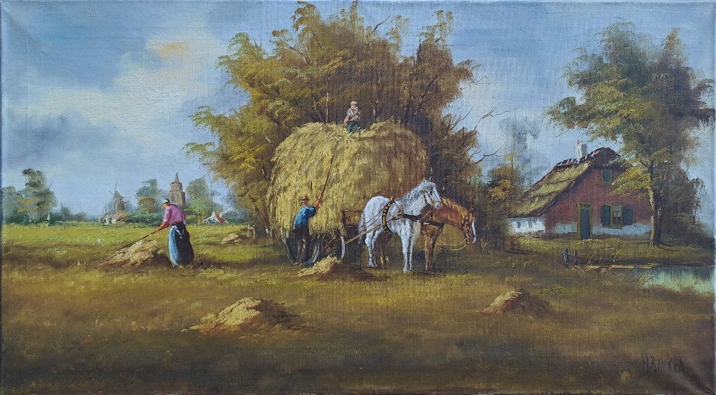 Olieverfschilderij H. Bakker – landschap, Ophalen, Origineel werk, Doek, Oud hollands