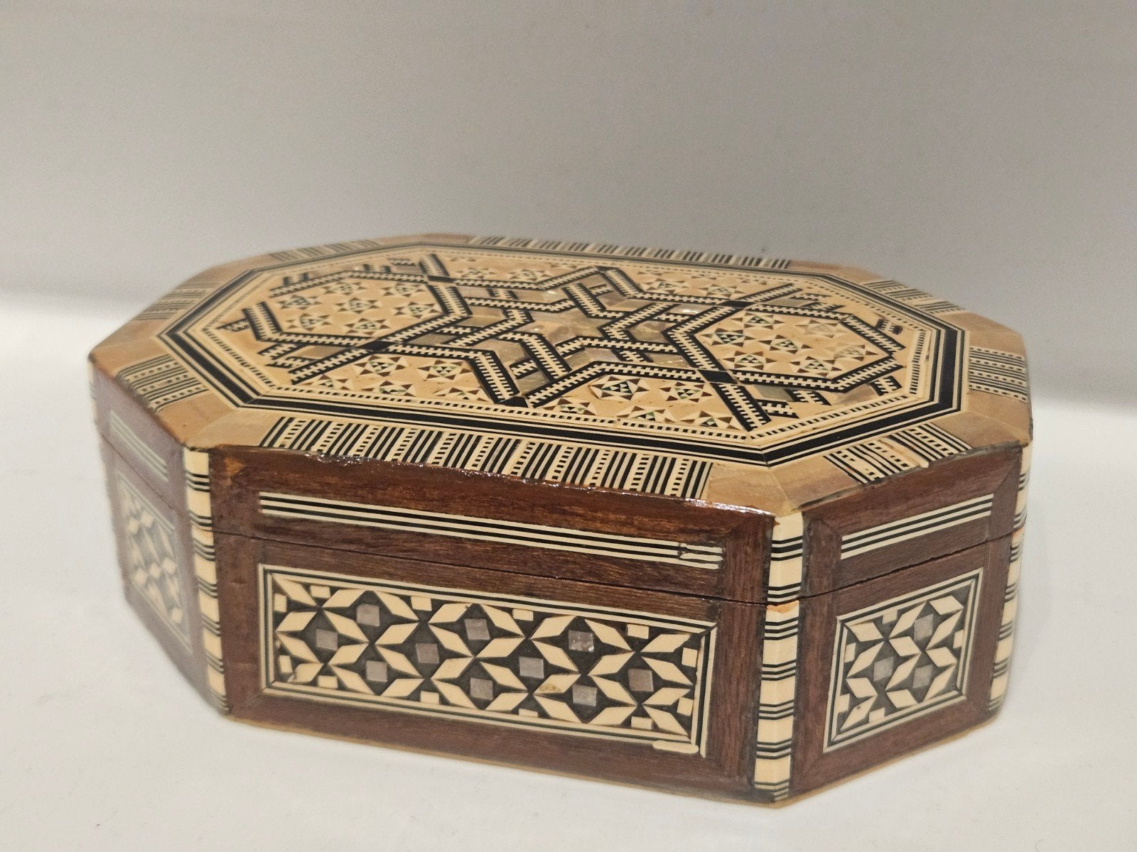 Vintage sieraden box doosje parelmoer been mozaïek, Handgemaakt, Verzenden, Doos, Overige materialen