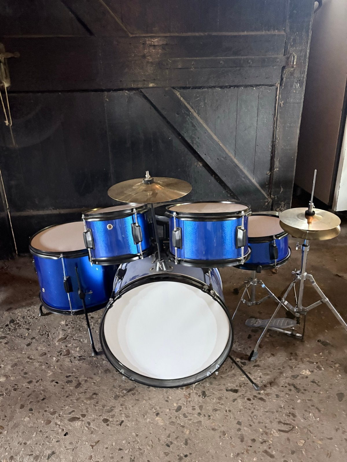 Blauwe kinder drumstel met bekkens en kruk, Ophalen, Gebruikt, Overige merken