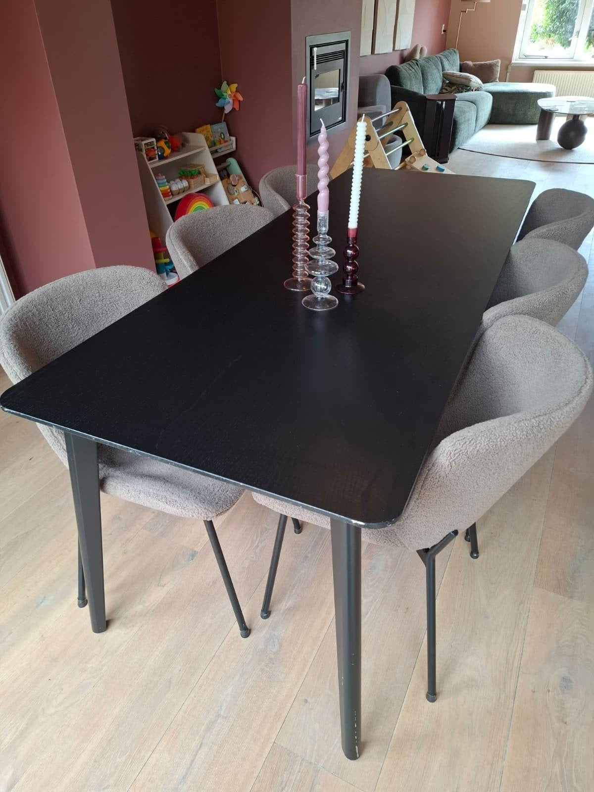 6 Teddy/Bouclé Eetkamerstoelen Taupe, Ophalen, Gebruikt, Overige kleuren, Teddy, Bouclé, Modern