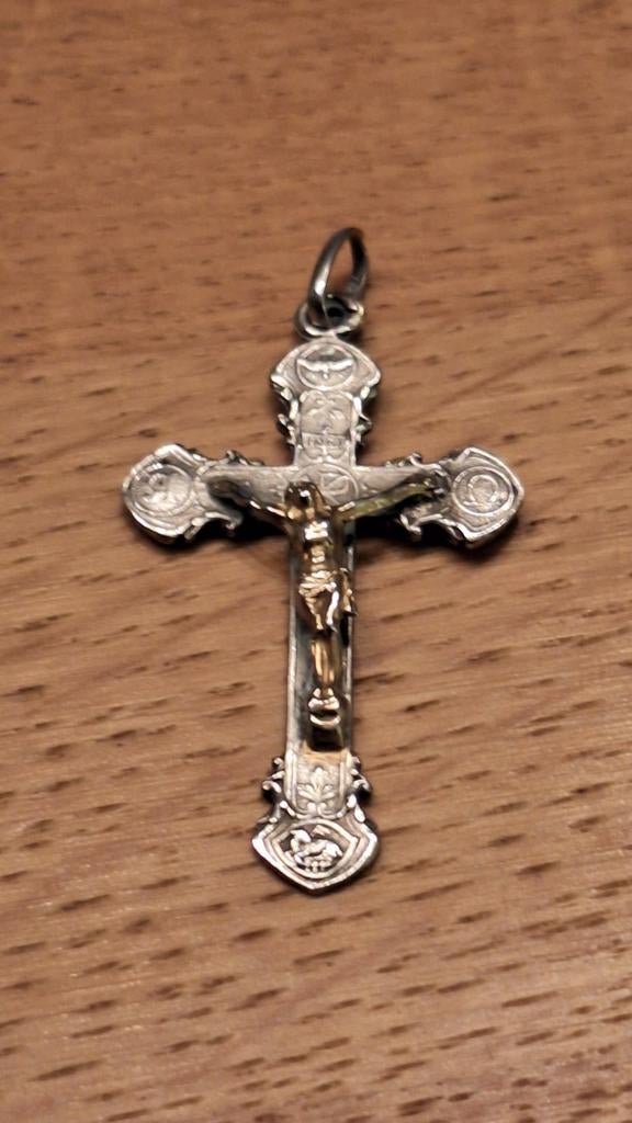 Kruis hanger religieus zilver met goud/verguld,, Gebruikt, Ophalen of Verzenden, Kruis of Symbool, Goud
