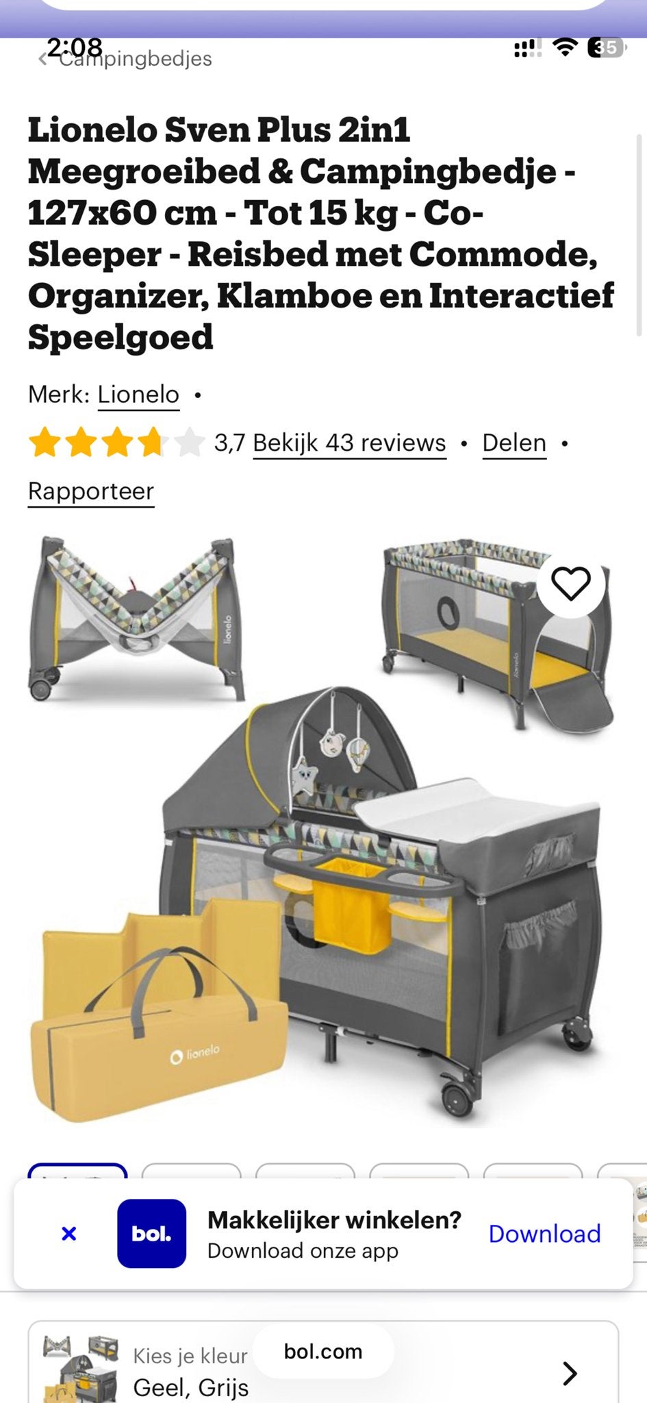 Lionelo Sven Plus 2in1 Meegroeibed & Campingbedje, Ophalen, Zo goed als nieuw, Reisbedje