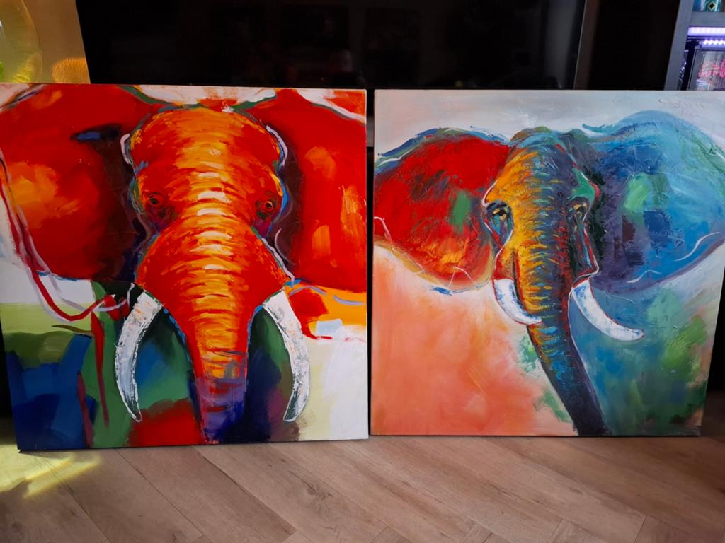 Set van 2 kleurrijke olifant schilderijen, Ophalen