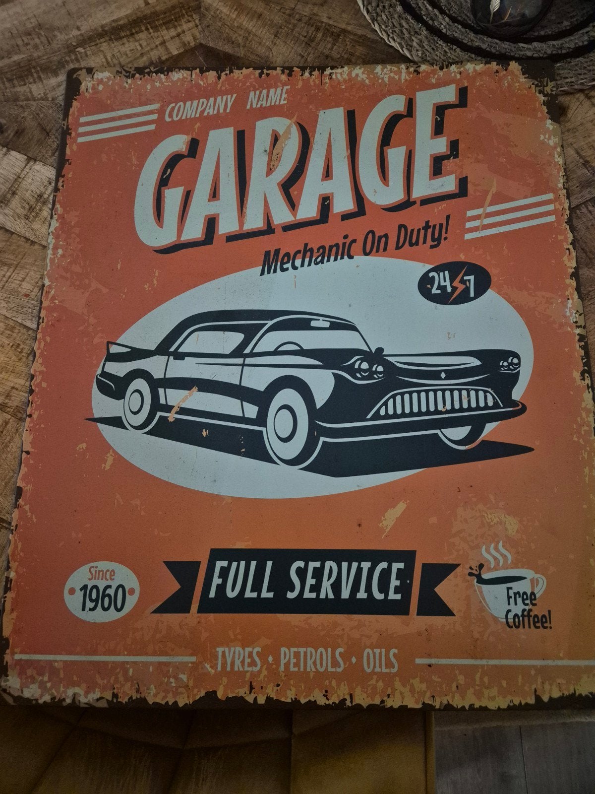 Vintage Garage Metalen Bord - 60x50 cm, Vintage, Gebruikt, Ophalen of Verzenden, Oranje