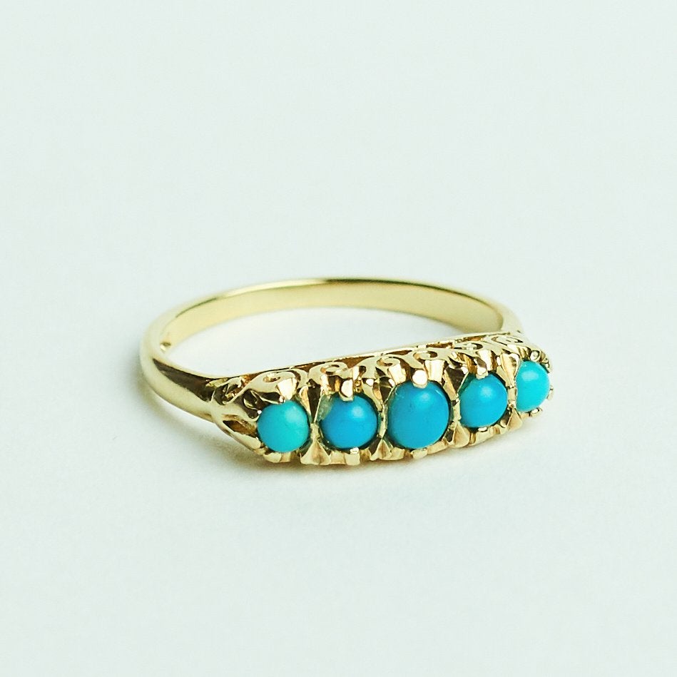 Vintage gouden ring met turkoois rijring engeland 9 karaat, Ophalen of Verzenden, Met edelsteen, Dame, Goud